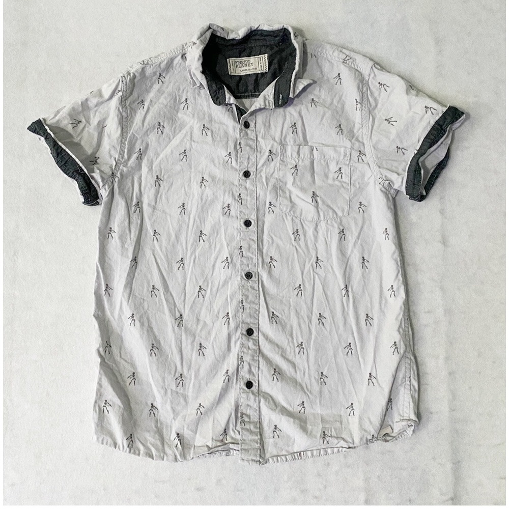 Free Planet Skeleton Print Button Down Shirt Pale Blue Short Sleeve Boys 14/16